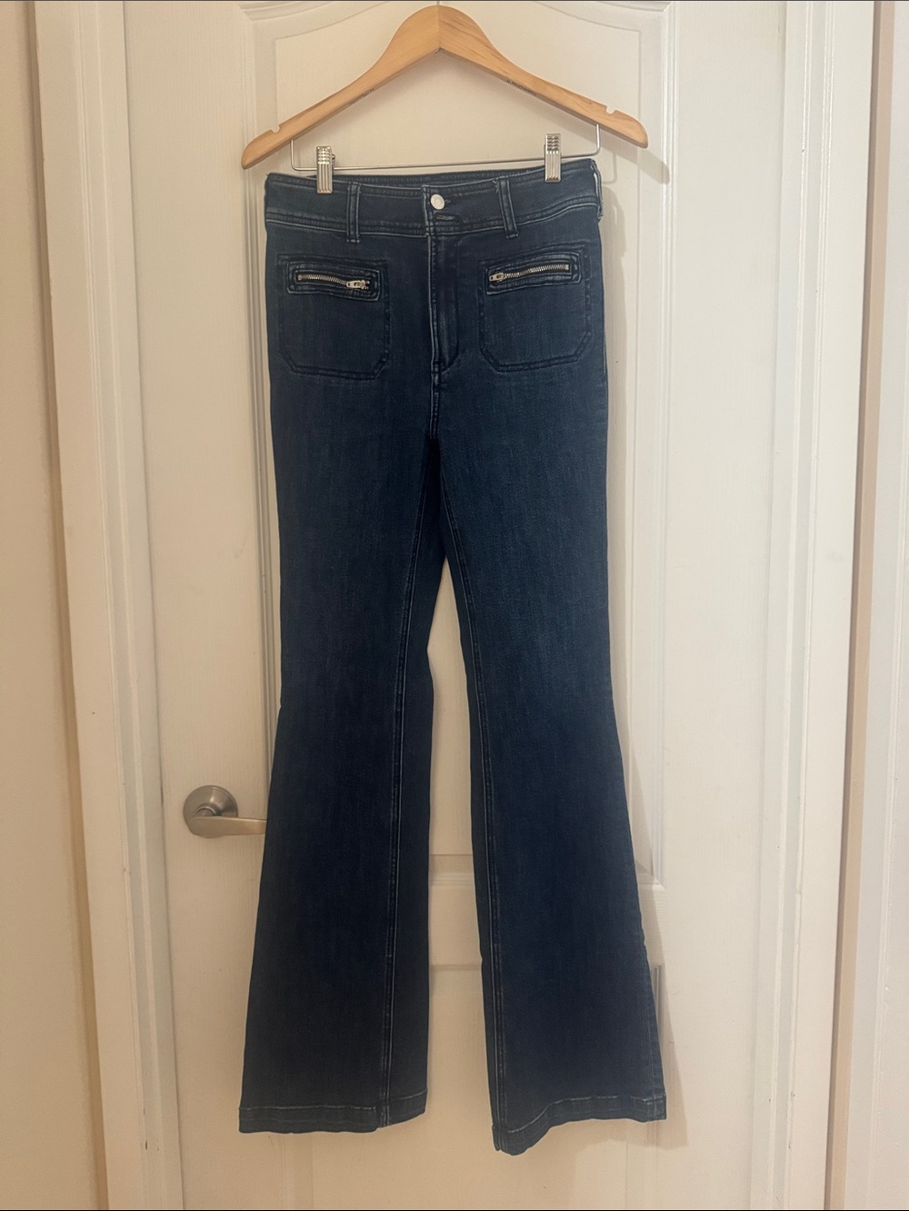 Anthropologie Dark Blue Flared Jeans with Front Zips